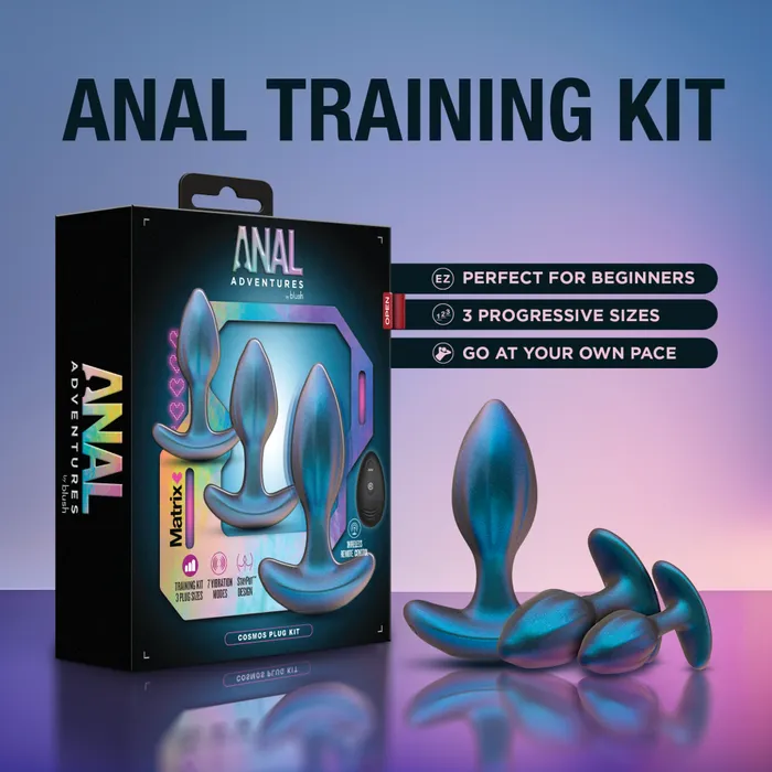 Blush Anal Anal Adventures Matrix By Blush Cosmos Plug Vibrating Anal Training Kit With Wireless Remote Stayput Technology AnchorTech Base Lunar Blue