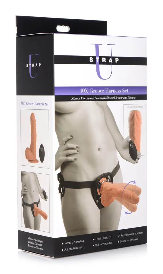 Female Sex Toys XR Brands 10x Groove Harness With Vibrating And Rotating Silicone Dildo
